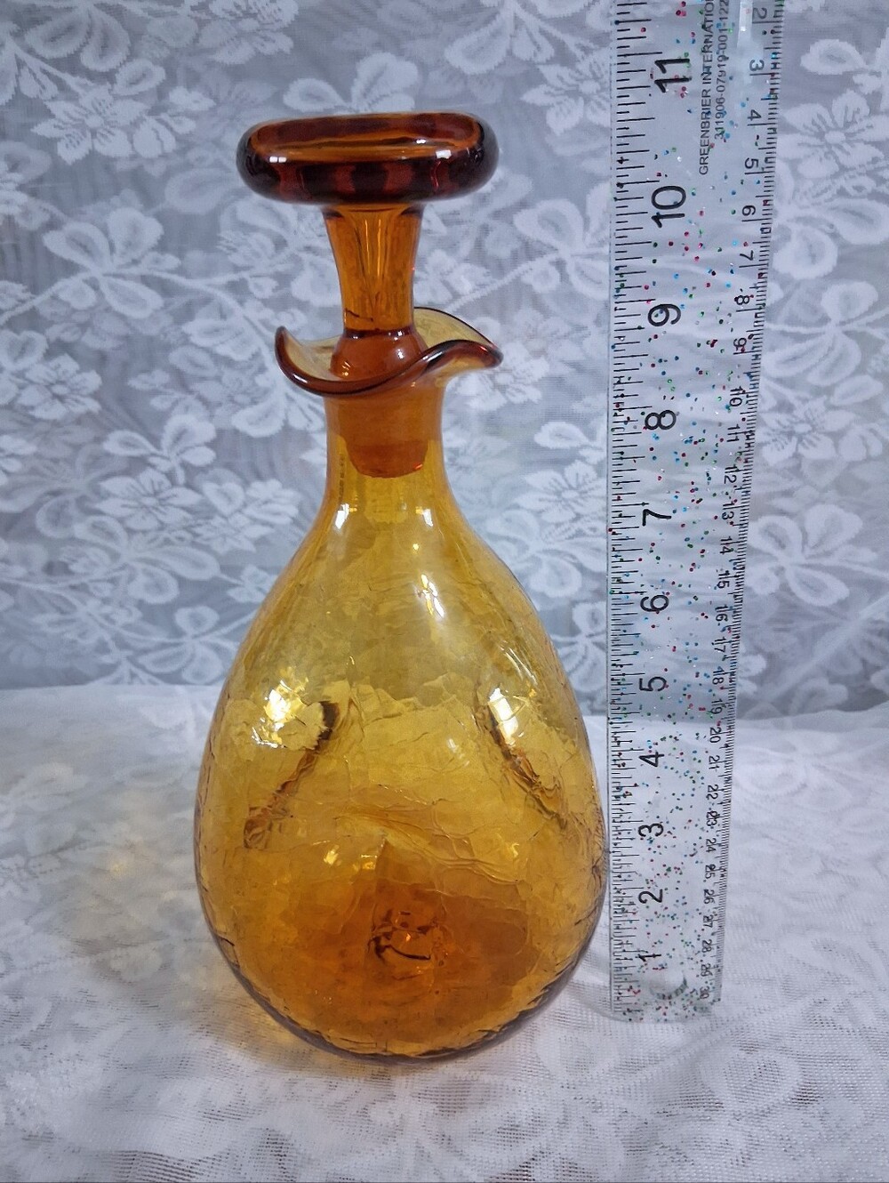 Vintage Blenko Honey Amber Pinched Crackle Glass Decanter 3 Lobe MCM - Picture 10 of 11
